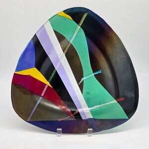 Handcrafted Fused Glass Decorative Platter Bowl Multicolor Abstract Iridescent